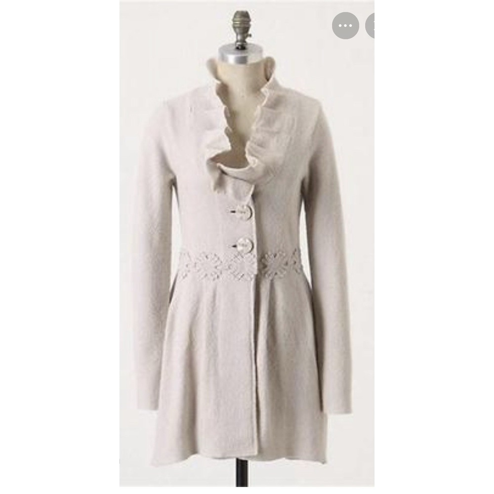 Anthropologie Charlie Robin Alice In Autumn Sweater Coat Cardigan Beige Ruffle M